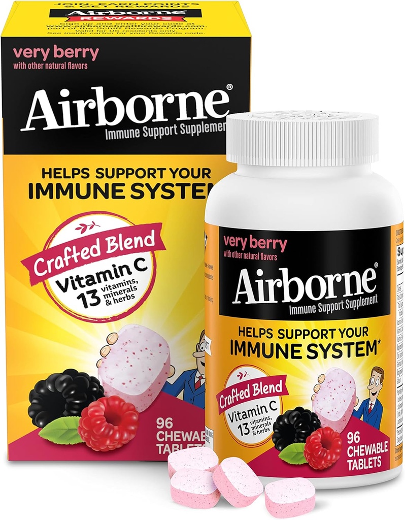 Airborne 1000mg Vitamin C Chewable Tablets with Zinc, Immune Support Supplement with Powerful Antioxidants Vitamins A C & E - 96 Chewable Tablets, Very Berry Flavor