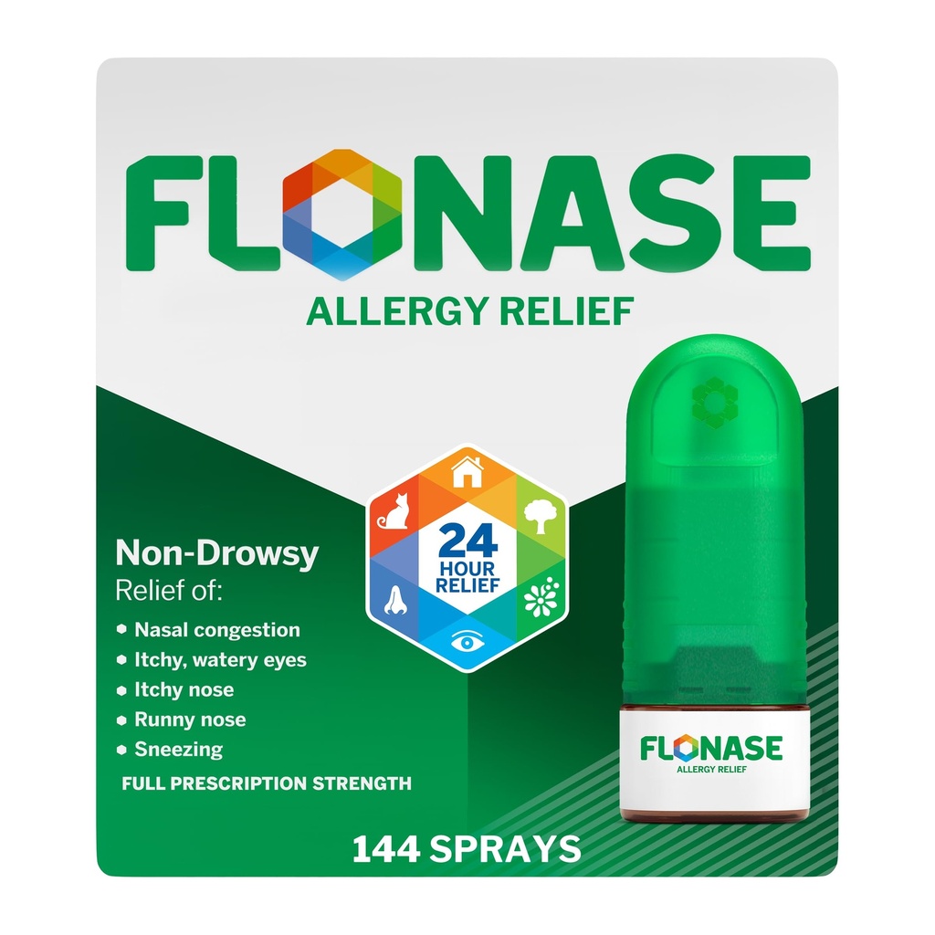 Flonase Allergy Relief Nasal Spray, 24 Hour Non Drowsy Allergy Medicine, Metered Nasal Spray - 144 Sprays- Fall and Seasonal Allergy Relief