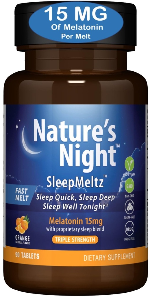 Zero Brands Nature's Night Triple Strength Quick Dissolve Melatonin 15mg with Supportive Blend | Natural Orange Flavor | 90 Count | Sugar Free, Vegan, Non-GMO, Drug Free