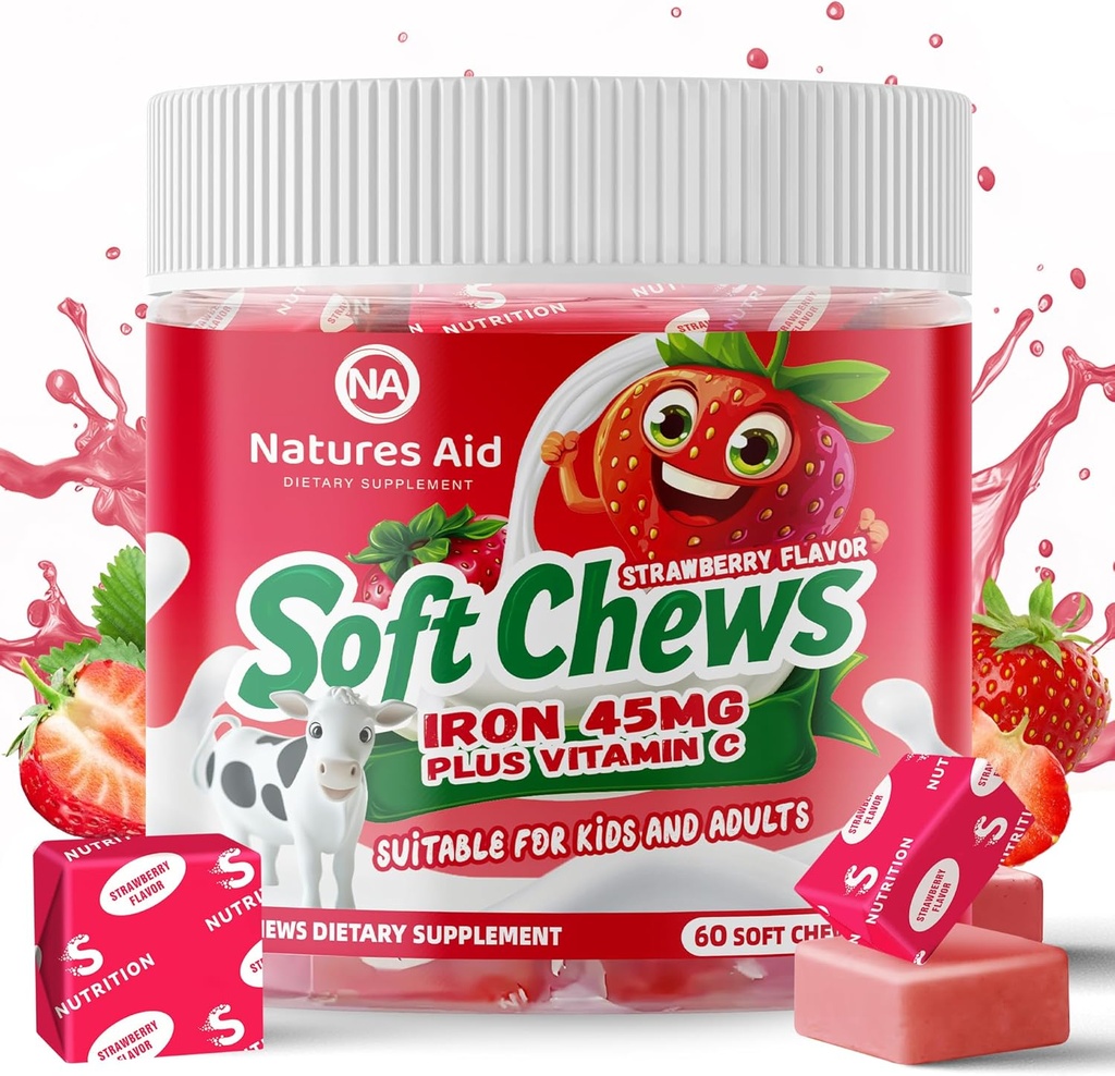 Chewable Iron Supplement for Women & Men and Kids - Strawberry Flavor, Iron Vitamin C Soft Chew for Max Absorption, Iron as Ferrous Fumarate, Ideal for Iron Deficiency, 2 Month Supply