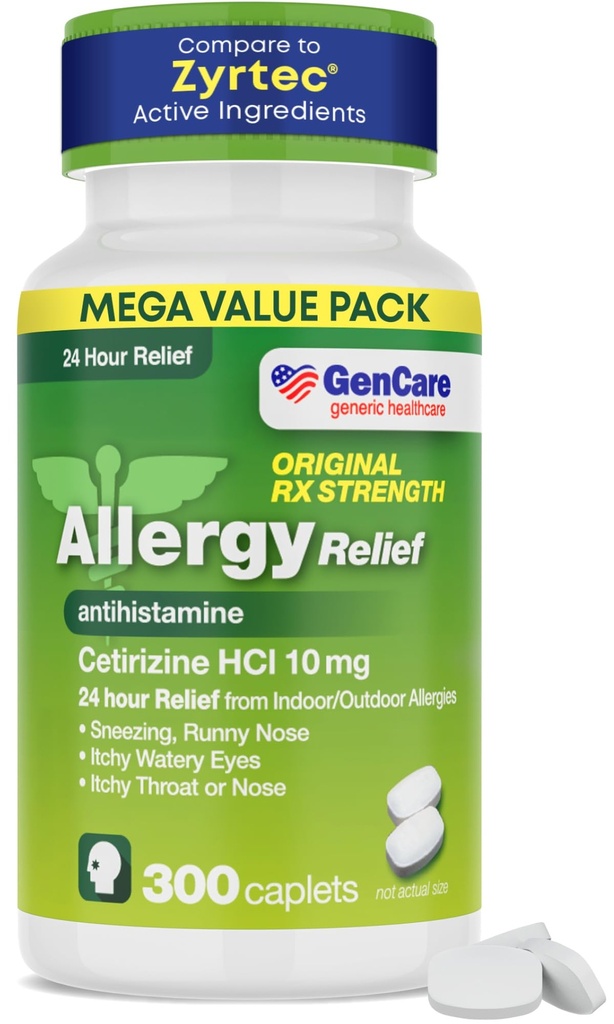 GenCare Cetirizine HCl 10mg Allergy Relief, 24-Hr Non-Drowsy, 300 Ct | Compares to Zyrtec; 24-hour non-drowsy relief from sneezing, itchy watery eyes & runny nose