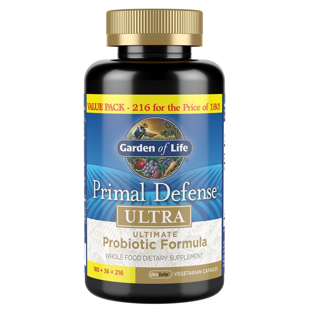 Garden of Life Probiotics for Digestive Health and Gut Health Balance, Primal Defense Ultra Ultimate Formula, 15 Billion CFU and 13 Strains Plus HSOs, Vegetarian and Gluten Free, 216 Capsules