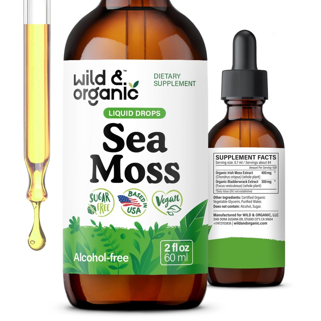 Wild & Organic Sea Moss Liquid Drops - Immune Support - Irish Sea Moss and Bladderwrack Tincture - Multimineral Chondrus Crispus Supplement - Vegan, Sugar & Alcohol-Free - 2 fl oz