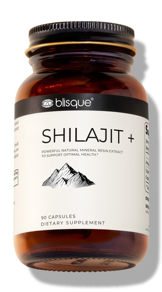 Blisque – Pure Himalayan Organic Shilajit Resin Extract Capsules | Authentic and Natural | Golden Grade A | Contains Fulvic Acid and Trace Minerals | 90 Capsules