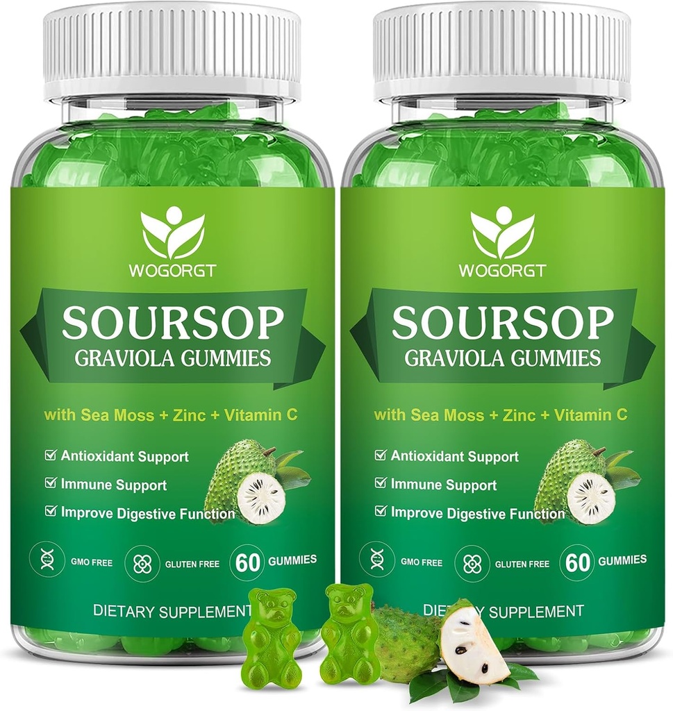 Soursop Graviola Gummies with Sea Moss Extract - Antioxidant, Cell Support & Regeneration, Immune Support, Soursop Gummy with Sea Moss, Vitamin C & Zinc, Apple Flavor - 60 Gummies(2 Pack)