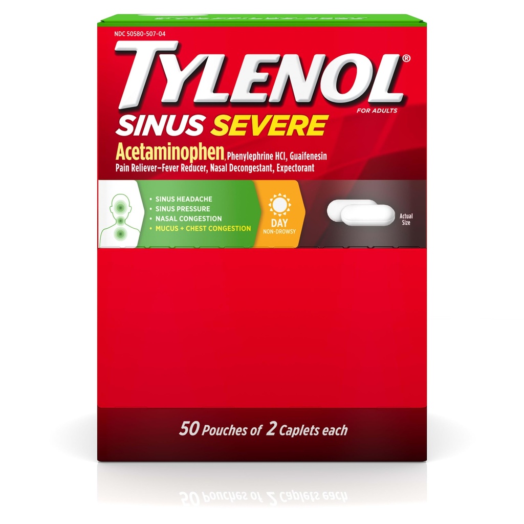 Tylenol Sinus Severe Daytime Caplets, 325mg Acetaminophen, 50 x 2 ct | Guaifenesin 200mg, Phenylephrine HCl 5mg, Non-Drowsy Pain Reliever, Expectorant & Nasal Decongestant