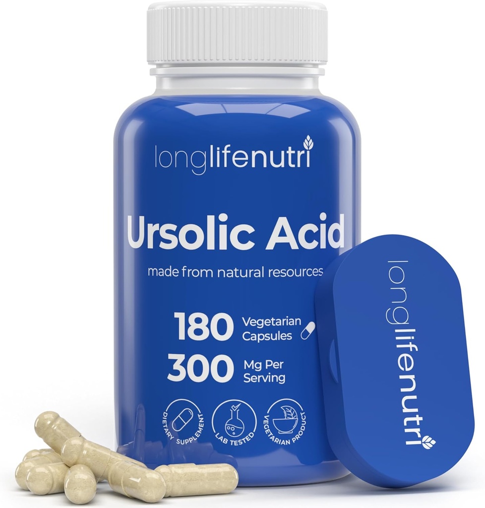 LongLifeNutri Ursolic Acid 300mg - Sourced from Rosemary Leaf Extract, 180 Vegetarian Capsules, Organic Supplement for Muscle Growth & Recovery, 2-Month Supply, Lab Tested, GMP Certified, Made in USA