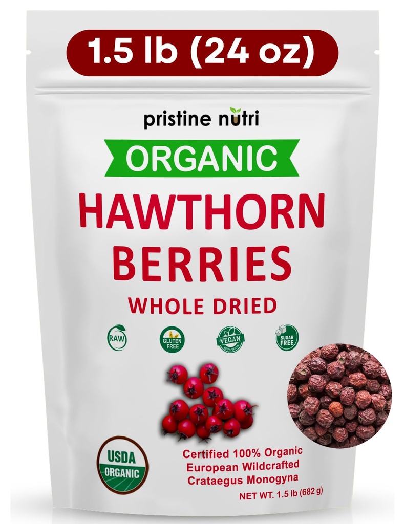 1.5 lbs (24 oz) 100% Organic Hawthorn Berries Dried Bulk | Make Hawthorn Berry Tea | European Wildcrafted Berries | Make Wellness Tea for Heart Support, Blood Pressure and Stress Relief