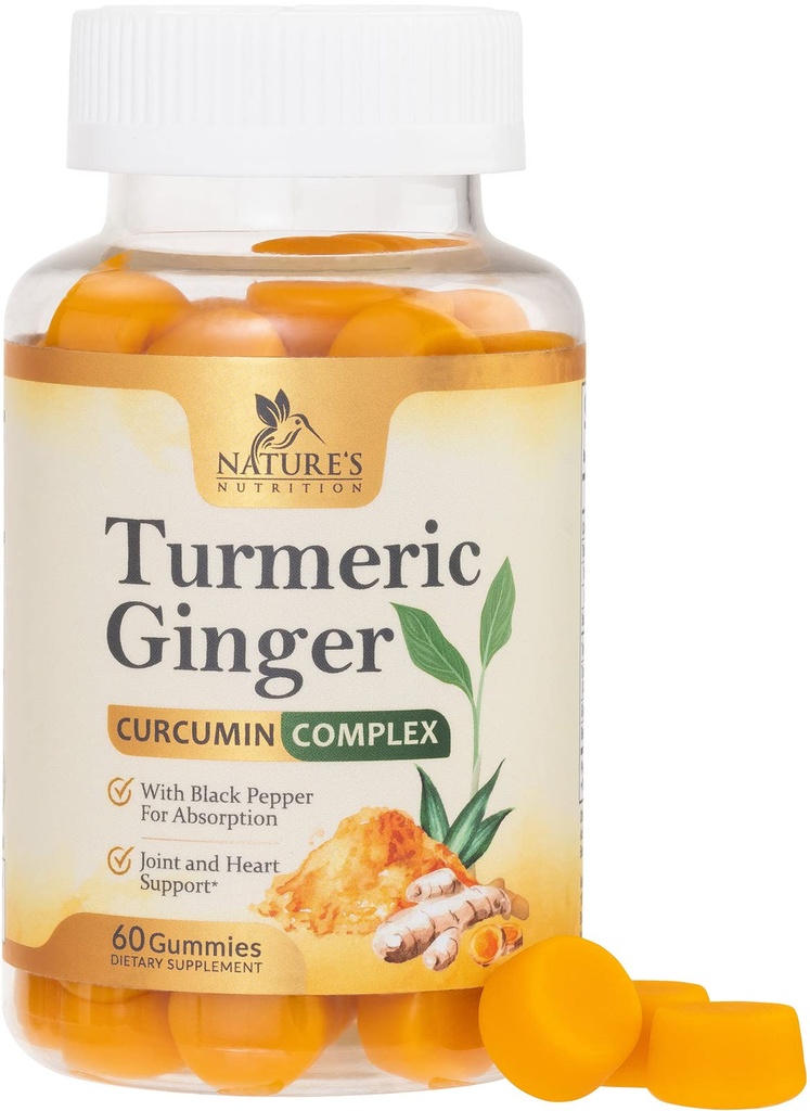 Turmeric Curcumin Supplement Gummies - 95% Curcuminoids with Turmeric & Ginger, Black Pepper for Best Absorption, Nature's Vegan Joint Support, Non-GMO, Gluten Free, Tasty Peach Flavor - 60 Gummies