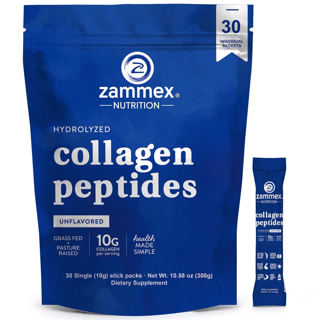 Zammex Grass Fed Collagen Peptides Type 1 & 3 Unflavored, Peptide Rich Keto Protein for Coffee & Drink Mix, Hair Skin Nails Support, Hydrolyzed Supplement Powder for Men & Women, 30 Single Sticks