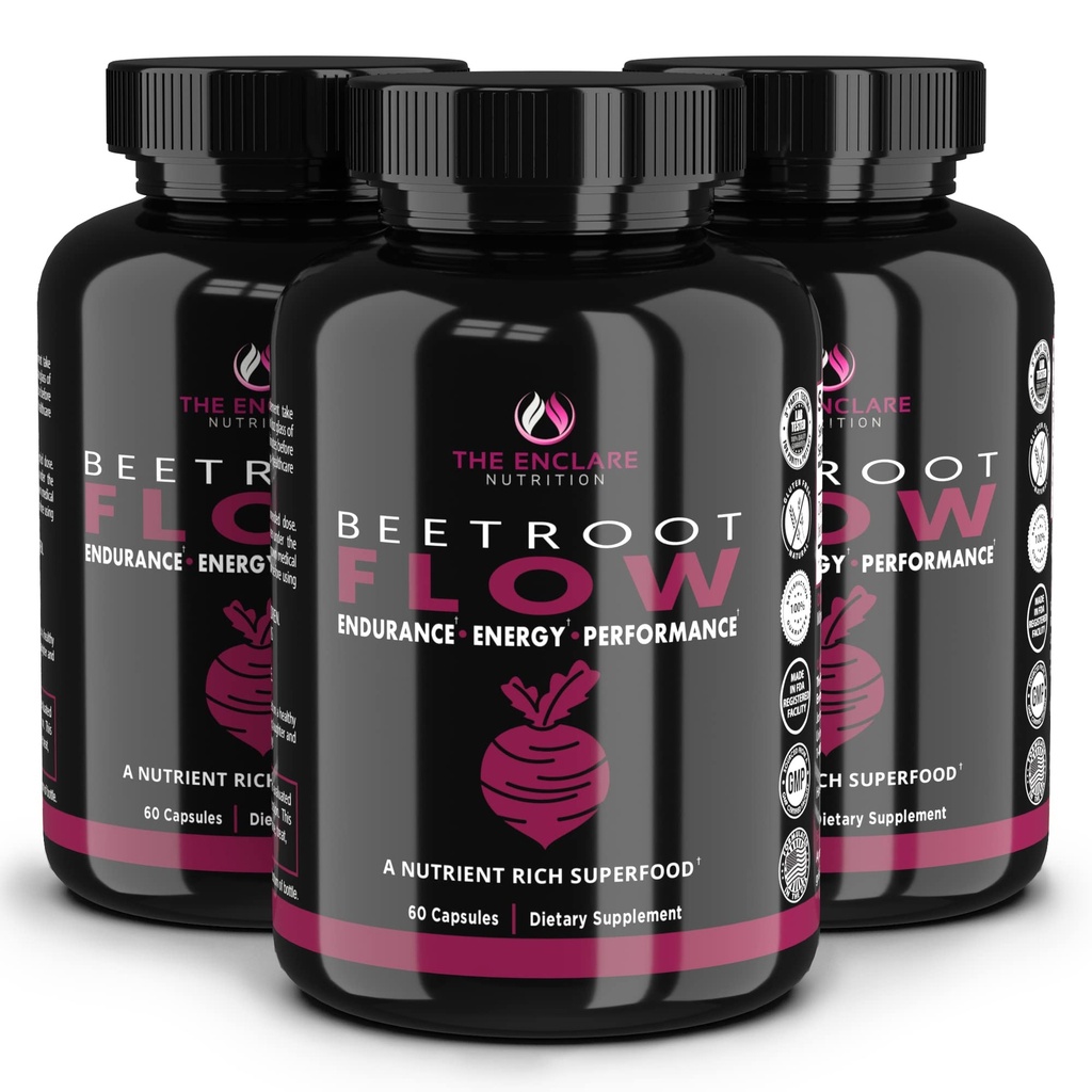 THE ENCLARE NUTRITION Beet Root Powder Capsules, Beetroot 1300mg. Nitric Oxide Supplements for Men, Supports Gut Health for Women, Energy, Brain, Athletic Performance, Heart Health Non GMO 180ct (3)