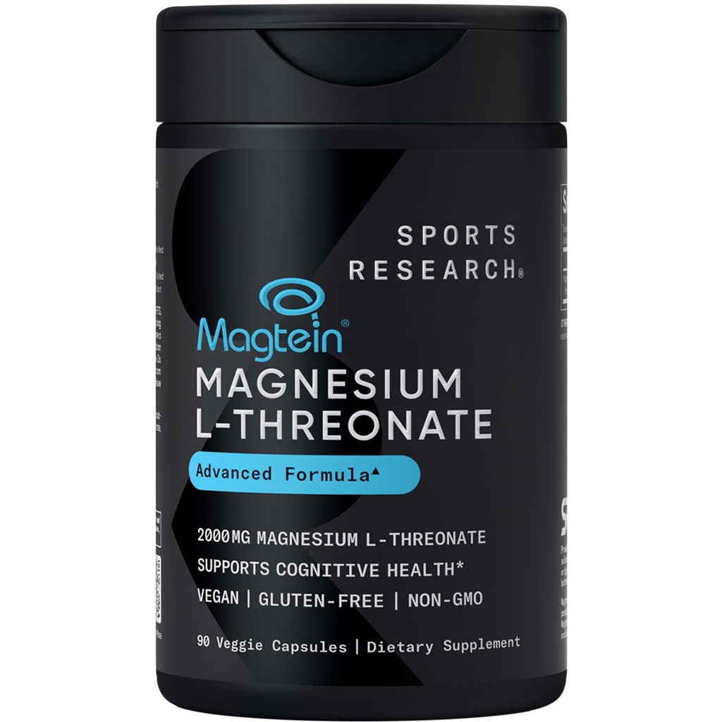 Sports Research Magnesium L-Threonate Capsules 2000mg, 90 Count High-Absorption Magtein, Enhanced Brain Health, Memory, Focus & Restful Sleep Support, Vegan, Non-GMO, Gluten Free