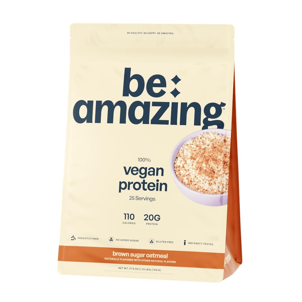 BE AMAZING Vegan Protein Powder, IBrown Sugar Oatmeal, 20g Plant Based Pea Protein, Prebiotic Fiber, Low Carb, Dairy Free, Gluten Free, Soy Free, No Added Sugar, 25 Servings