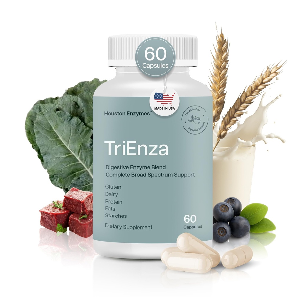 Houston Enzymes TriEnza - Digestive Enzyme Supplement for Gluten, Casein, Soy, Proteins, Carbohydrates, Fats & Polyphenols - Digestive Enzymes for Women & Men (60 Capsules)