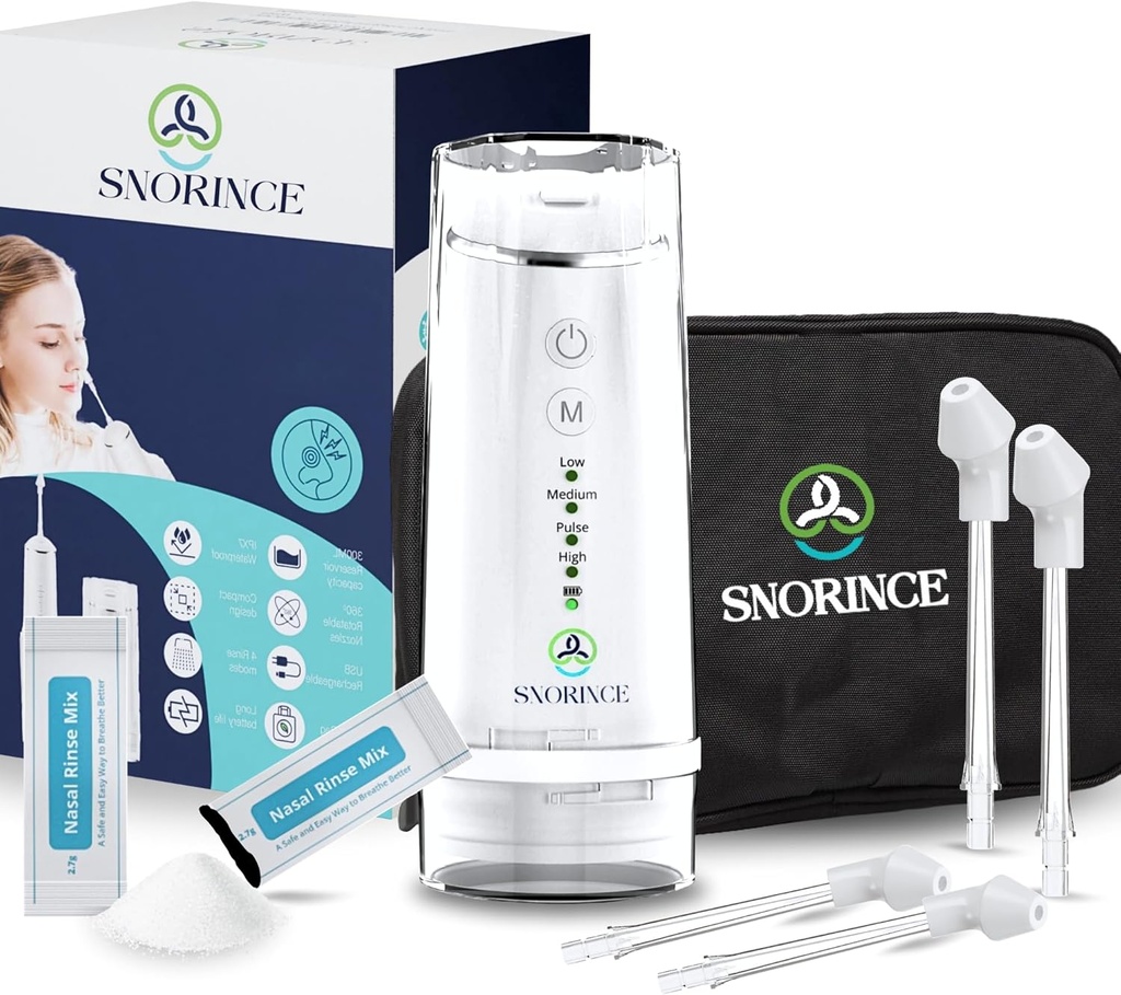 Nasal Irrigation System for Sinus Relief - Portable Cordless Electric Neti Pot Nose Cleaner - Sinus Flush Kit for Adults & Kids, Home & Travel with 4 Rinse Modes, 4 Nozzles, 40 Salt Packs