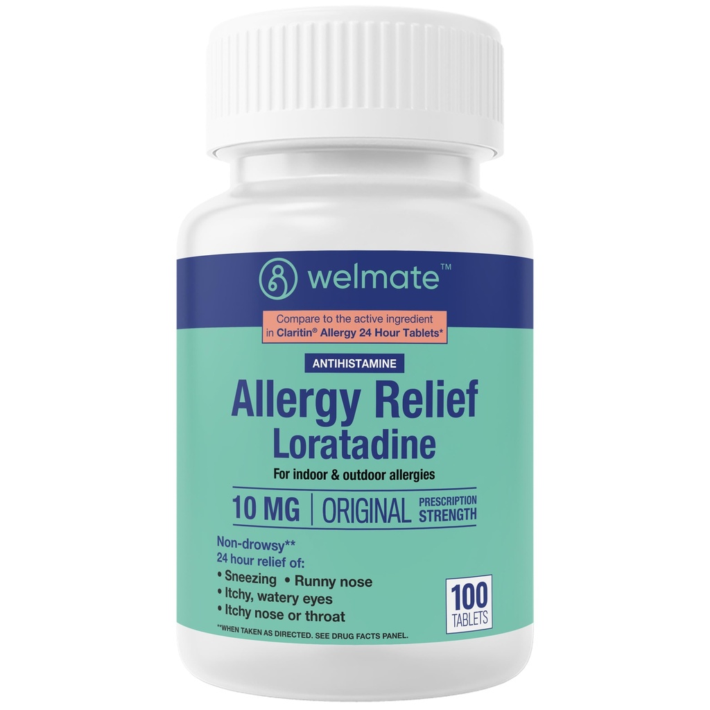 WELMATE - Allergy Relief - Loratadine 10 mg - 24 Hour Relief Antihistamine - Non Drowsy - Runny Nose - Sneezing - Itchy Nose & Throat - Watery Eyes - Indoor & Outdoor Allergy Medication - 100 Count