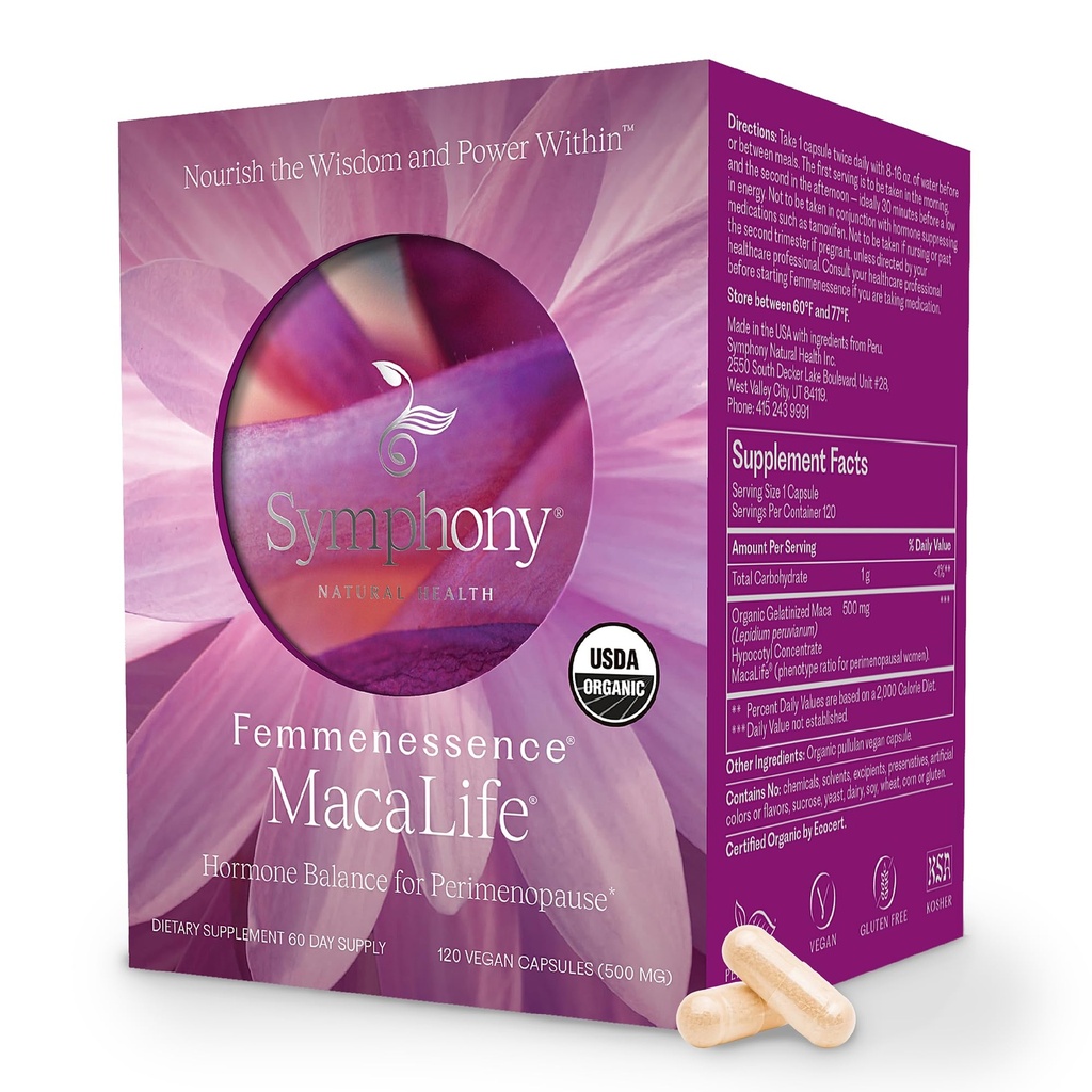 Femmenessence MacaLife – Clinically Proven Perimenopause Supplement for Women – Natural Hormone Balance, Mood, Hot Flashes & Night Sweats Relief – 120 Organic Vegan Capsules (60 Day Supply)