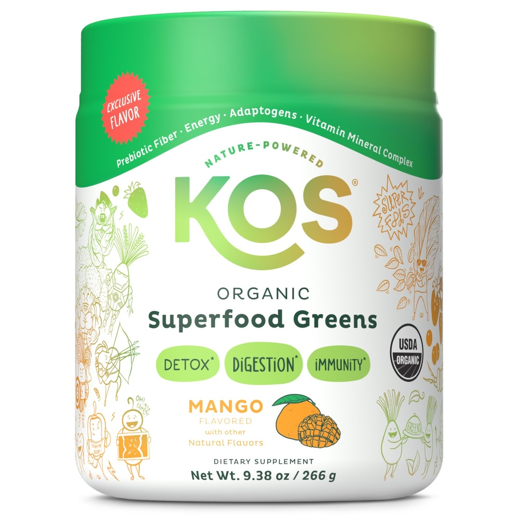 KOS Organic Superfood Greens Powder - Gut Health from Prebiotic Fiber, Supergreens and Adaptogens - USDA Certified Organic, Made in a GMP Certified Facility - 28 Servings Mango