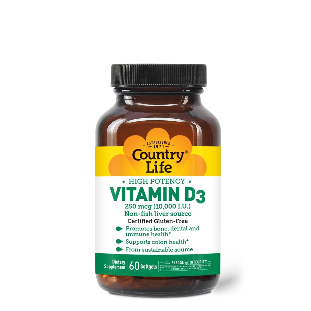 Country Life Vitamin D3 10,000 IU – High Potency, Non-Fish Source | Bone, Immune & Colon Health Support | 60 Softgels | Certified Gluten-Free, Clean Formula with MCT Oil for Better Absorption