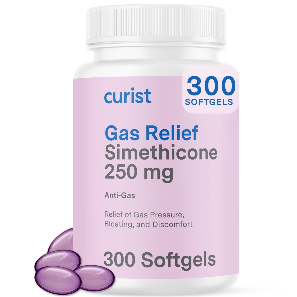 Curist Gas Relief Simethicone 250 mg Softgels (300 Count) - Digestive Relief, Bloating Relief & Anti Flatulence Gas Pills for Adults aids Gas and Bloating Relief (300 Soft gels) | Gas Pills for Adults Aids Gas & Bloating Relief - Bulk Value Size - Simethicone Soft Gels