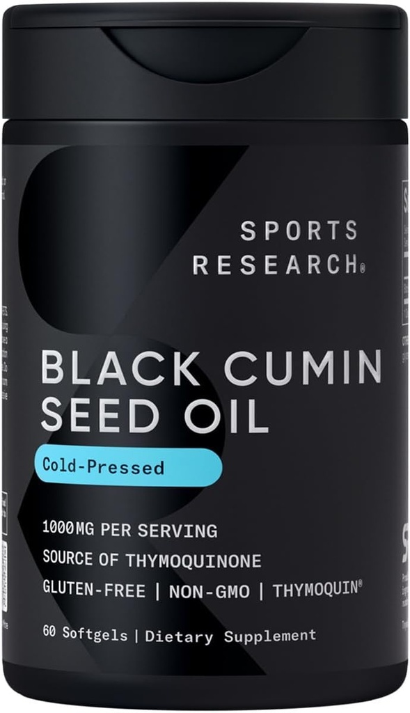 Sports Research Black Seed Oil 1000mg | Cold Pressed Nigella Sativa Oil with 3% Thymoquinone | Non-GMO, Gluten-Free Supplement - 60 Liquid Softgels for Adults
