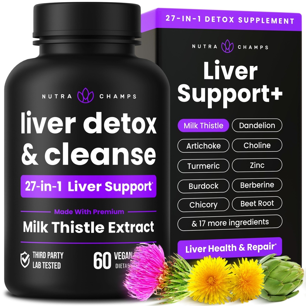 NutraChamps Liver Cleanse Detox & Repair Formula, 20+ Herbs: Milk Thistle Extract with Silymarin, Artichoke, Dandelion, Chicory Root Powder, Liver Support Pills Supplement, 60 Capsules