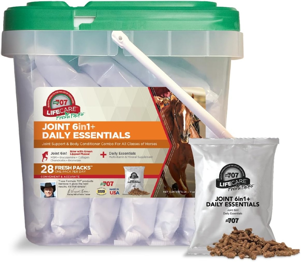 Formula 707 Joint 6in1 + Daily Essentials Combo Fresh Packs Equine Supplement, 28 Day Supply: Green-Lipped Mussel, Glucosamine, Chondroitin, Collagen, Bromelain & MSM + Complete Vitamins