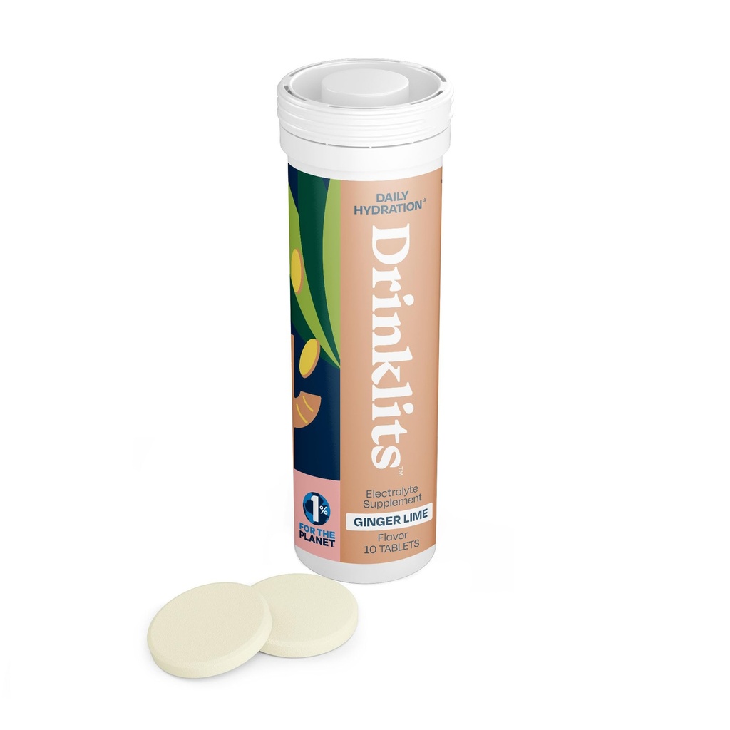 Drinklits Ginger Lime Electrolyte Tablets for Hydration | Great Taste - 0g Sugar - Essential Electrolytes - Daily Use | Single Tube (10 Tablets/Servings)