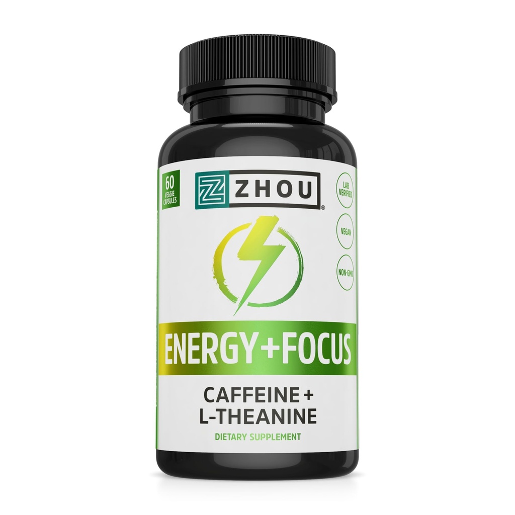 Zhou Energy + Focus - L Theanine Caffeine Pills, 200mg L-Theanine, 100mg Natural Anhydrous Caffeine Boost for Adults, Men & Women, Slow Extended Release - 60 Vegetarian Capsules (Pack of 1)