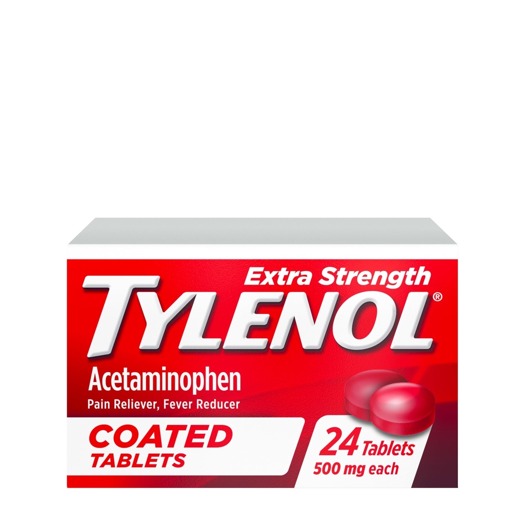 Tylenol Extra Strength Pain Reliever & Fever Reducer, Round Coated Tablets, 500 mg Acetaminophen Pain Relief Pills for Headache, Toothache & Minor Arthritis Pain, 24 ct
