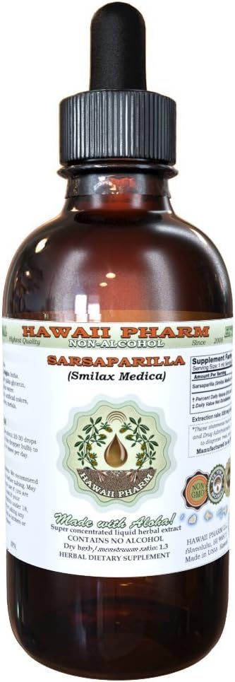 Sarsaparilla Alcohol-Free Liquid Extract, Sarsaparilla (Smilax Medica) Dried Root Glycerite Natural Herbal Supplement, Hawaii Pharm, USA 2 fl.oz