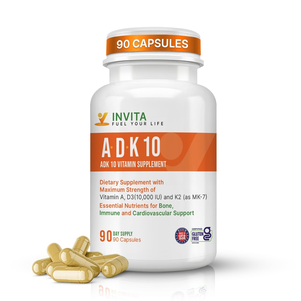 INVITA, ADK 10 Vitamin Supplement – 90 Capsules – High Potency of Vitamin A, D3 10,000 IU & K2-MK7 – Physician Formulated ADK for Bone, Heart & Immune Support – Non-GMO, Gluten Free (3-Month Supply)