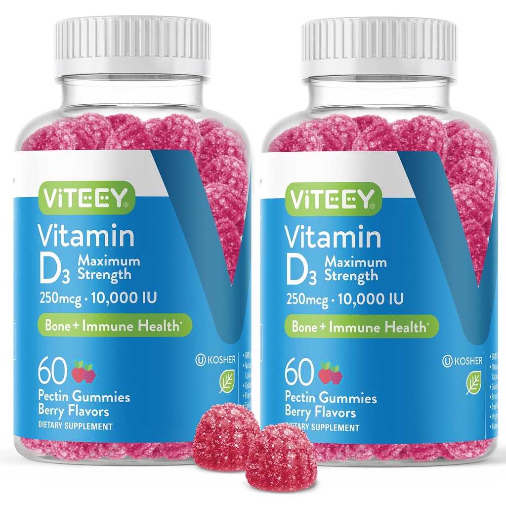 VITEEY Vitamin D3 Gummies for Adults & Teens - 10,000 IU, 250mcg, Maximum Strength - Joint & Muscle Health, Immune Boost - Chewable Vitamin D Gummies - Vegetarian, Gelatin Free - Tasty Berry Flavored
