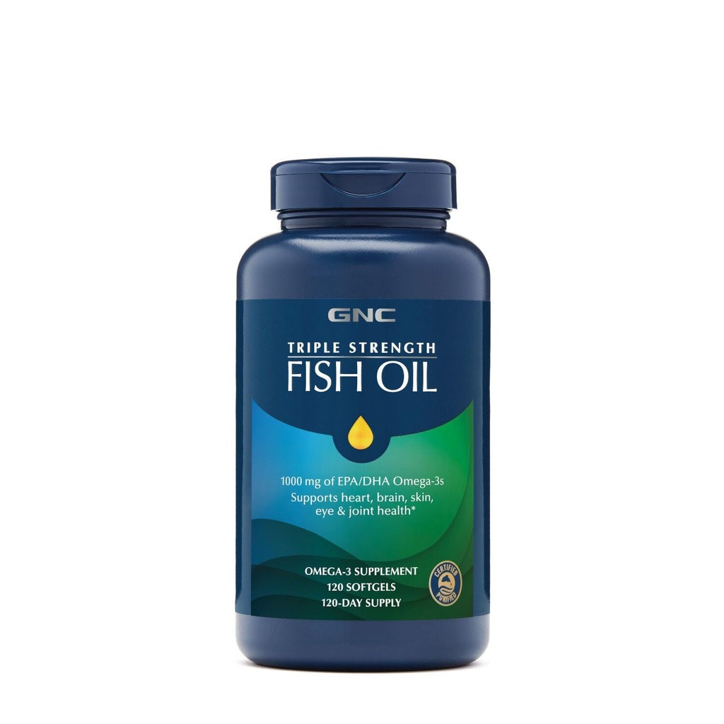 GNC Triple Strength Fish Oil Omega 3 Supplement, 1000mg EPA and DHA, Supports Heart, Brain, Skin, Eye and Joint Health, Burpless, Ultra Concentrated, High Potency, Wild Caught, 120 Softgels