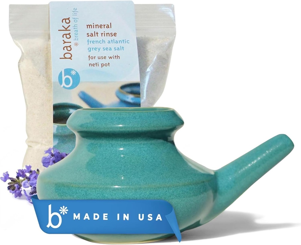 Baraka Neti Pot Tool Kit - Snoring & Saline Solution, Handcrafted Ceramic Dishwasher Safe with 2oz Mineral Sea Salt for Nose Cleaning & Sinus Rinse Perfect for Allergy Relief in Adults & Kids (Jade)
