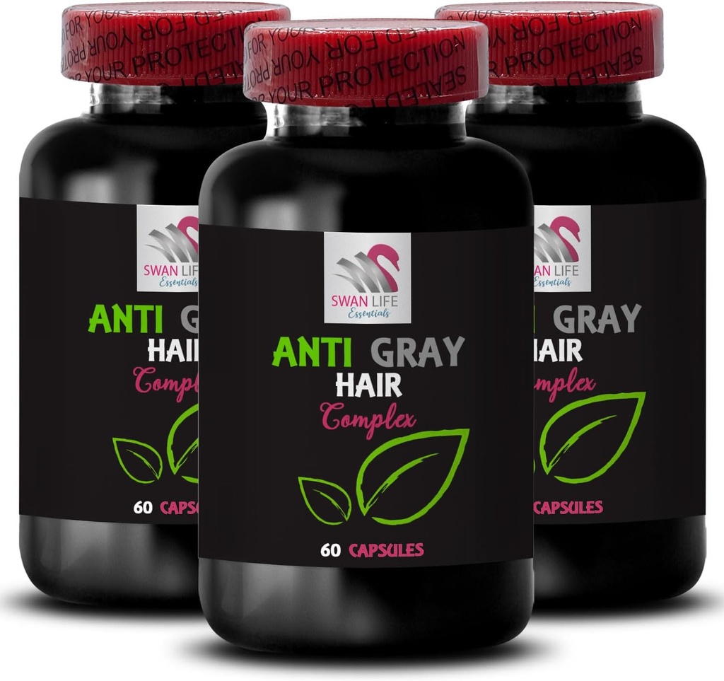 Anti gray hair supplement - ANTI GRAY HAIR COMPLEX - Gray hair support, Luminous hair color, Hair shade control, Fresh color, Color protection, Youthful vibrance, Hair transformation 3 Bot 180Caps