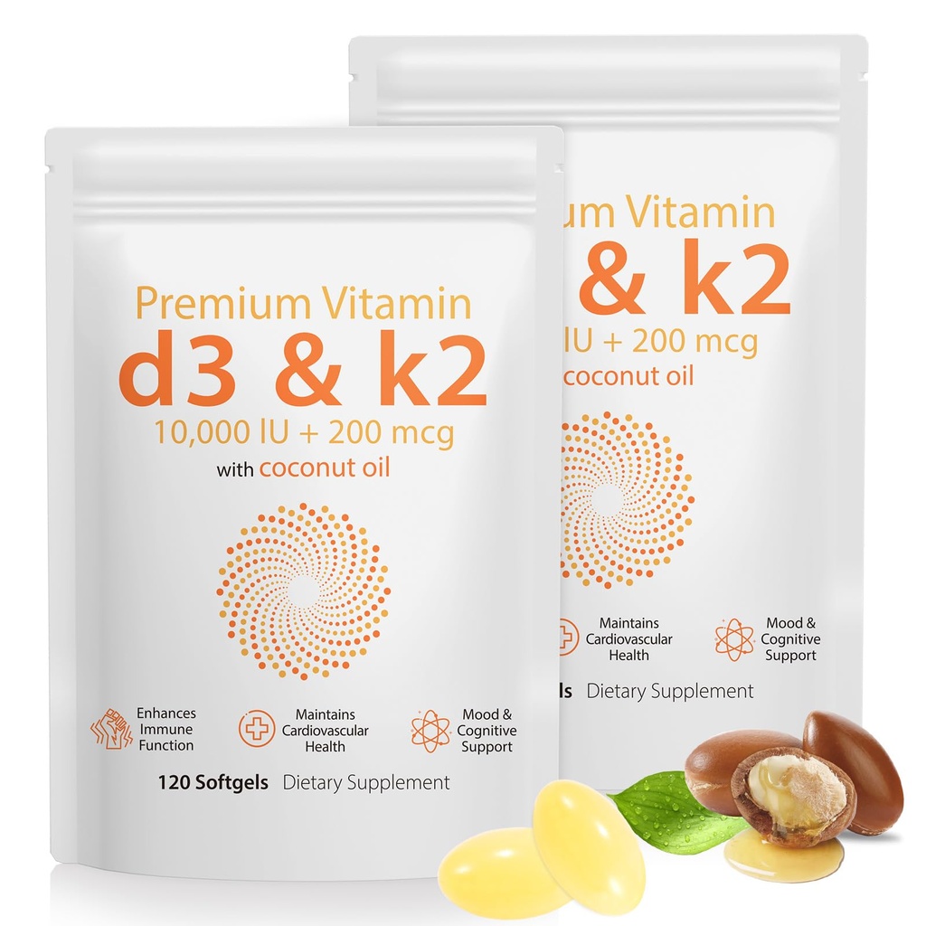 D3 K2 Vitamin 10000 IU - 240 Virgin Coconut Oil Softgels, 2 in 1 Vitamin D & K Complex Supplement Softgel - Immune Support and Calcium Absorption, Bone and Heart Health (240 Count (Pack of 2))