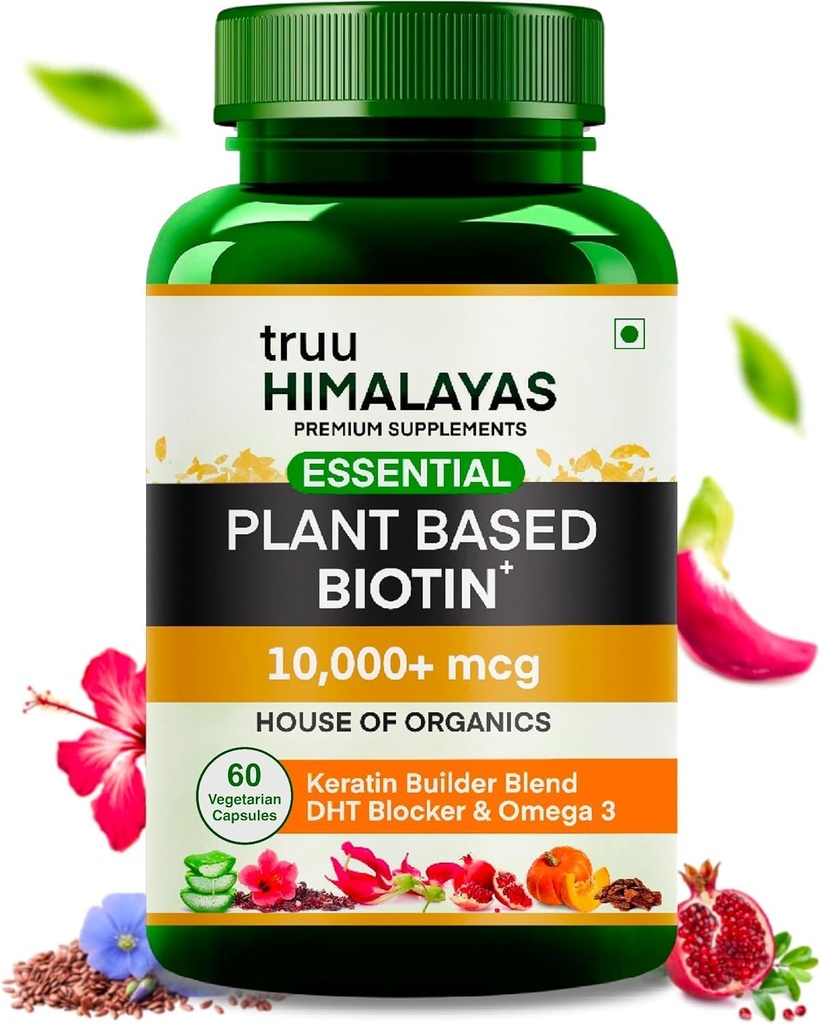 Plant Based Biotin 10000mcg for Hair Growth with DHT Blocker, Keratin & Omega 3 Supplement Vitals for Men & Women - Ayurvedic Nutrients for Hair Fall, Skin & Nails Health - 60 Capsules