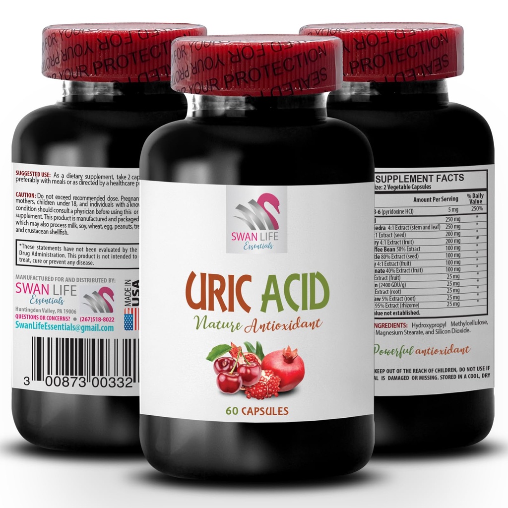 Natural Ways to Lower uric Acid - URIC Acid - Supplements for uric Acid, Supplements to Lower uric Acid, Tart Cherry Extract Capsules, Tart Cherry Pills, Green Coffee Bean Extract 1Bot 60Caps