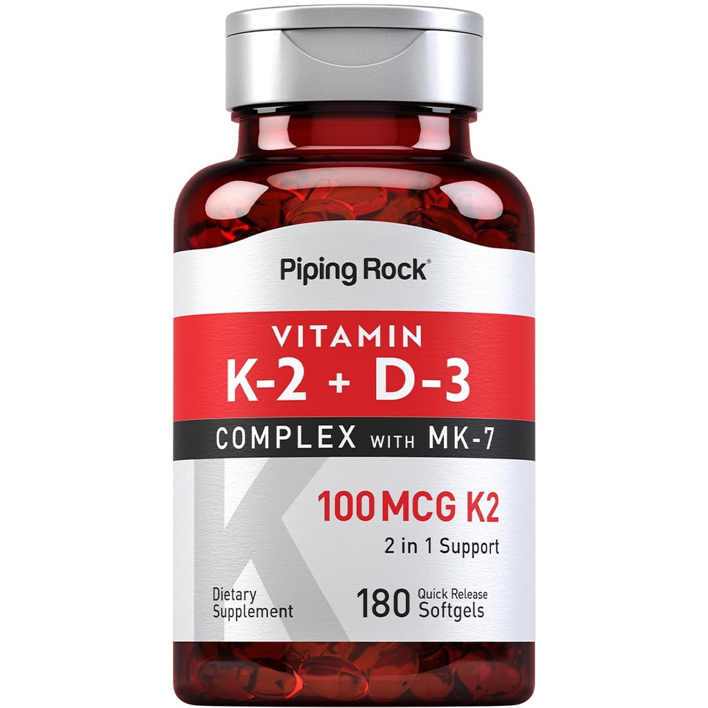 Piping Rock Vitamin K2 D3 Supplement | 100 mcg | 180 Softgels | Complex with MK7 | Non-GMO, Gluten Free