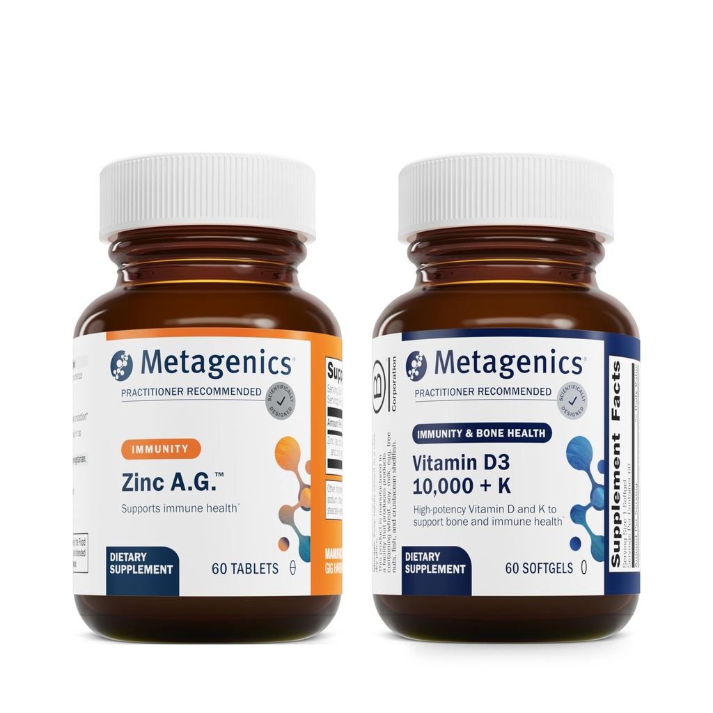 Metagenics Bundle - Zinc A.G. & D3 10,000 + K - 60 Tablets of Zinc A.G. for Immune Support, Bone Health, Energy Metabolism - 60 Softgels of D3 10,000 + K for Immune Support, Heart Health