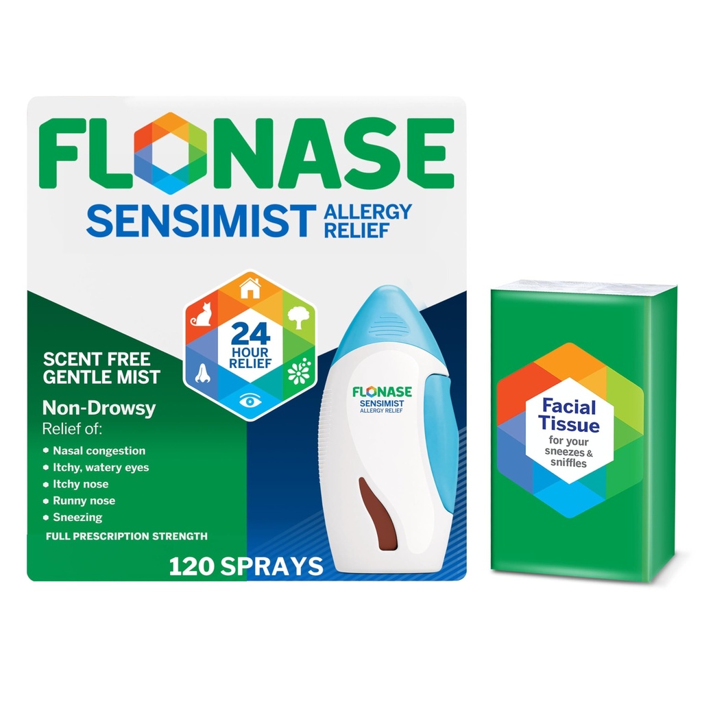 Flonase Sensimist Allergy Relief Nasal Spray - Non-Drowsy 24HR Long Lasting Allergy Relief with Fine, Scent-Free Mist - 120 Sprays Plus Bonus Pack of Tissues