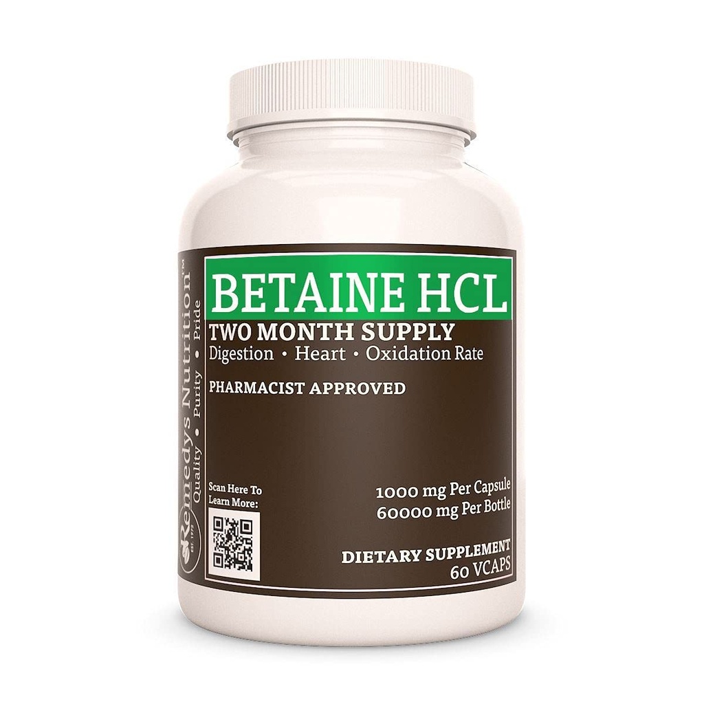 Remedy’s Nutrition Betaine HCL (Hydrochloride) | 1,000 mg, 60 Capsules Dietary Supplement | Two Month Supply | Also Contains Calcium Carbonate, Papain & Bromelain