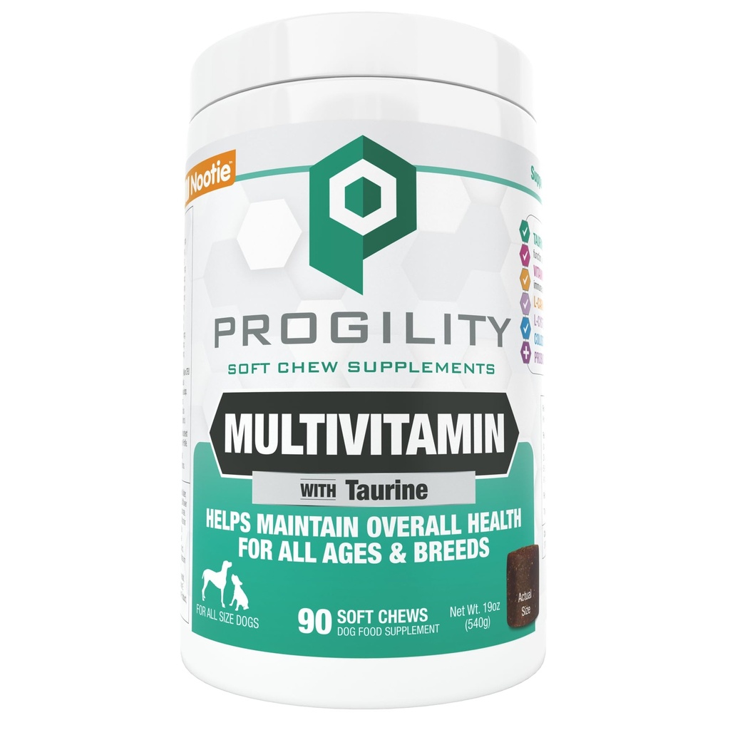 Progility Daily Multivitamin for Dogs, Taurine & Probiotics | 90 Soft Chews, supports immune, heart, eye, brain & gut health, daily dog vitamins, easy to feed