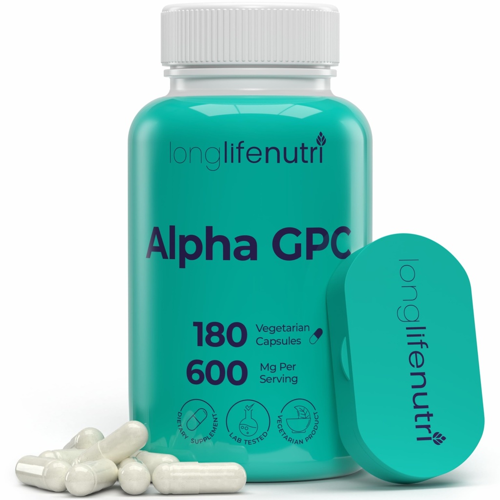 Alpha GPC Choline Supplement 600mg – 180 Vegetarian Capsules, High Purity Nootropic for Daily Energy, 3-Month Supply, Acetylcholine Source for Cognitive & Mental Clarity, GMP Certified, Made in USA