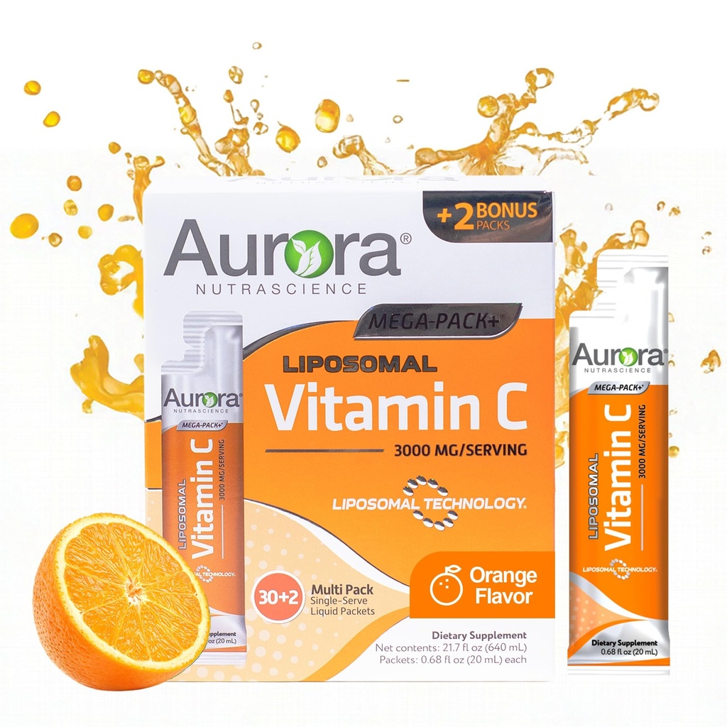 Aurora Nutrascience Liposomal Liquid Vitamin C - Healthy Immune Support Supplement for Adults, Sugar Free, 3000 mg per Serving, Vegan, Gluten Free, Non-GMO - 32 Single Serve Packets, Orange
