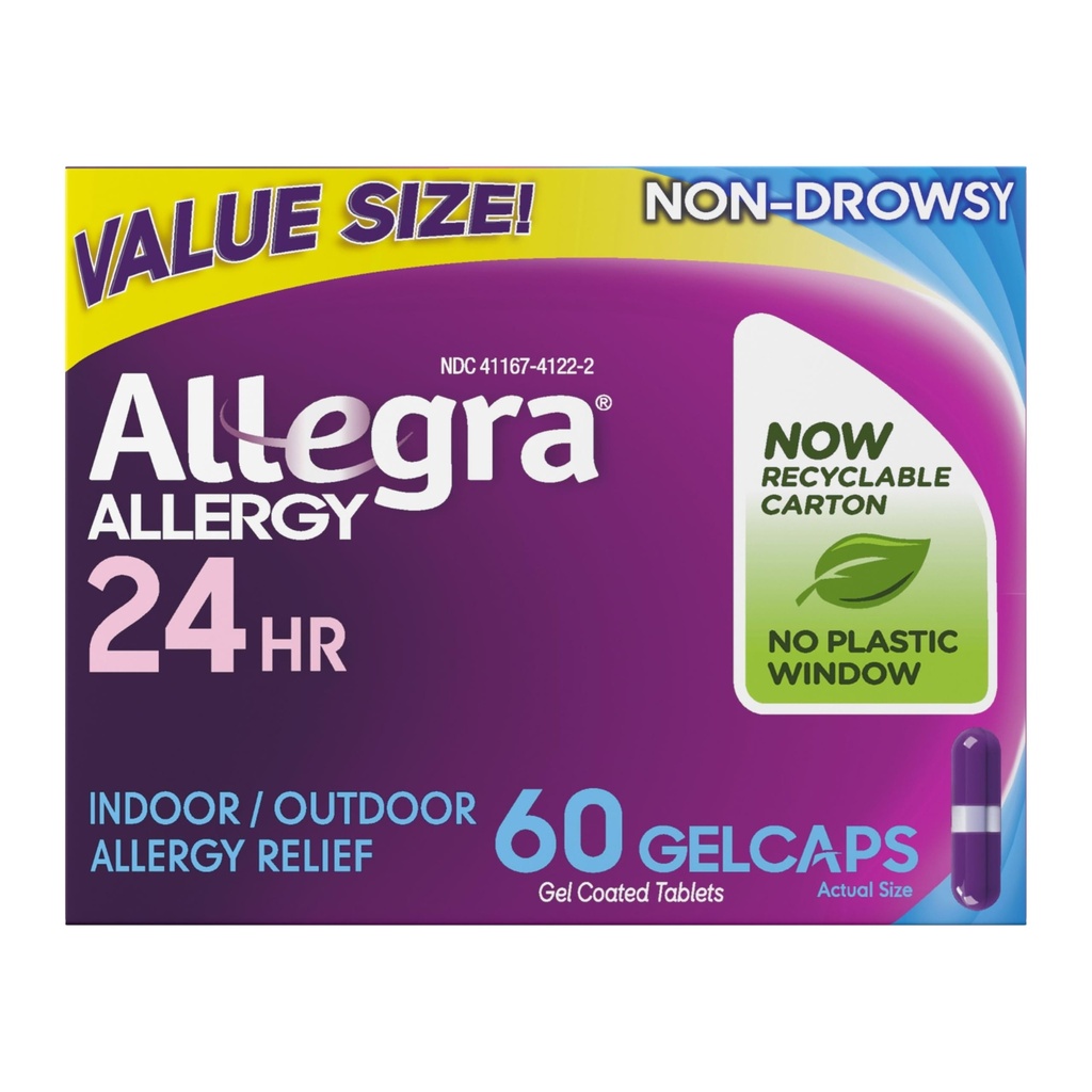 Allegra Adult 24-Hour Allergy Relief Gelcaps, Non-Drowsy Indoor and Outdoor Allergy Medicine, 180 mg Fexofenadine HCI Antihistamine Pill, 60-Count