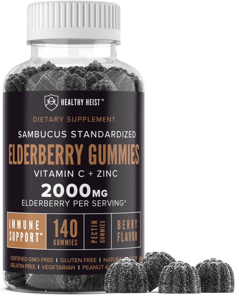 Sambucus Black Elderberry Gummies with Zinc and Vitamin C by Healthy Heist, 140 Gummies, Chewable Immune Support for Adults and Kids, Non GMO, Kosher, Pectin, Vegan, Delicious Berry Flavor