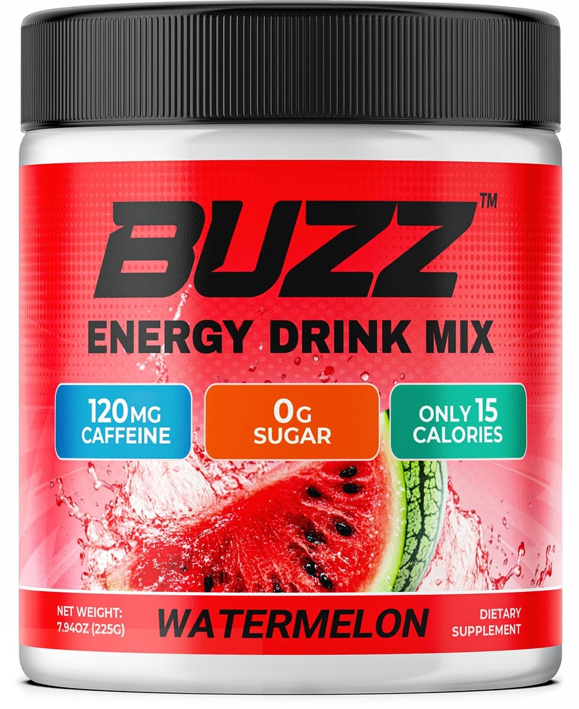 Morning Buzz Energy Drink Powder - Sugar Free Energy Drink Mix - Pre Workout Drink Mix with 18 Vitamins & Minerals, No Jitters, No Crash - Gluten Free, No Artificial Dye, Original Watermelon Flavor
