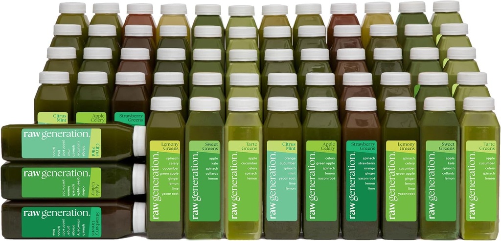 Raw Generation Deep Detox Cleanse – 10-Day Juice Cleanse with Less Sugar for Weight Loss, Energy, Clearer Skin & Gut Health – 16 Chlorophyll-Packed Juices to Detox Your Body and Reset Your Diet (Assortment May Vary)